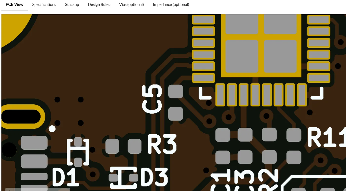 The Gerbatim viewer rendering a PCB at high resolution
