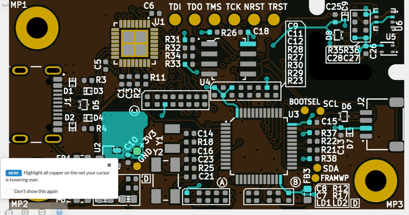 Automatic net tracing highlighting copper connections across layers